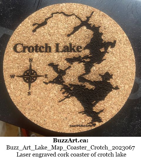 Laser engraved cork coaster of crotch lake